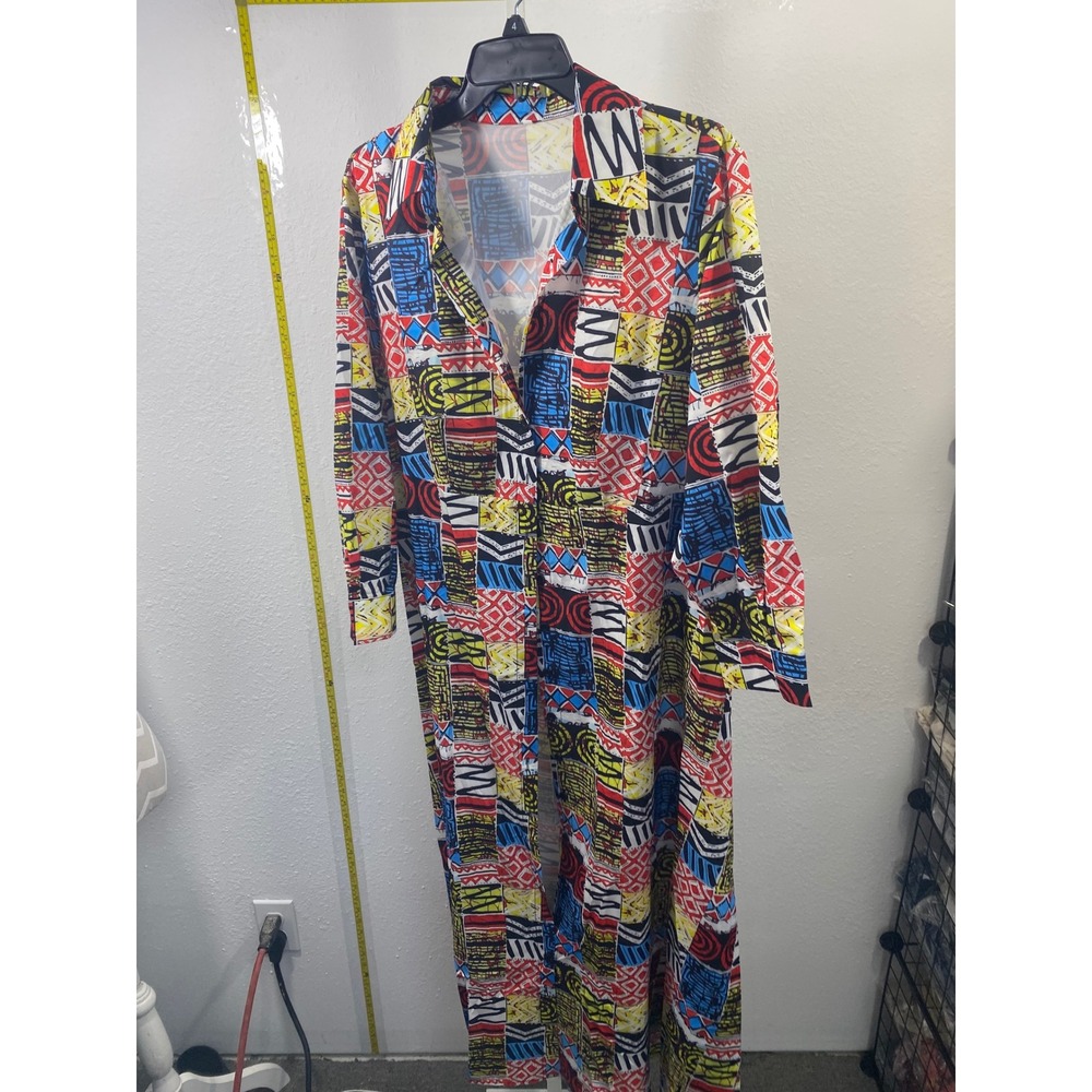 Geometric Abstract Print Maxi Duster Cardigan‎ Long Sleeve Shirt Dress 0XL Multi
